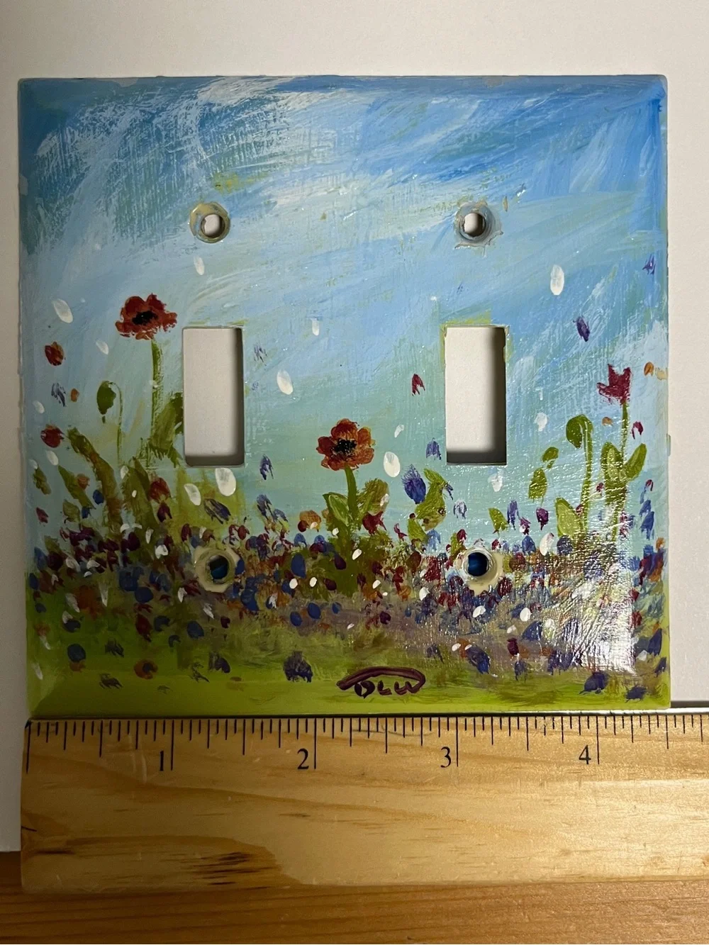 Hand-Painted Floral Double Toggle Light Switch Cover - Blue & Green